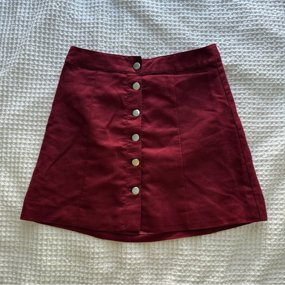 Divided Burgundy Button-Front Mini Skirt